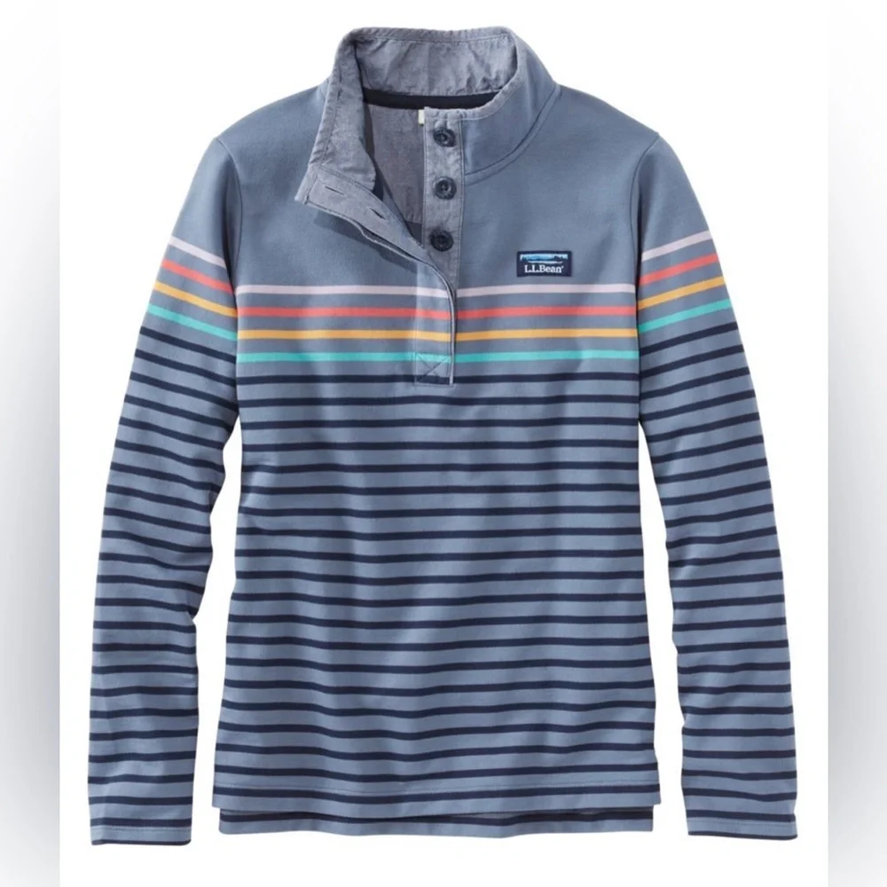 L.L. Bean Women's Lakewashed Double-Knit Quarter-Snap, Stripe Size LP- NWT